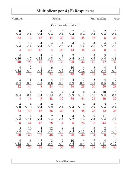 La hoja de ejercicios de Multiplicar (Factores de 1 a 12) por 4 (100 Preguntas) (E) Página 2
