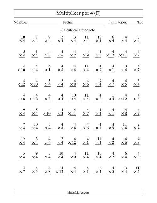 La hoja de ejercicios de Multiplicar (Factores de 1 a 12) por 4 (100 Preguntas) (F)