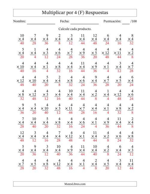 La hoja de ejercicios de Multiplicar (Factores de 1 a 12) por 4 (100 Preguntas) (F) Página 2