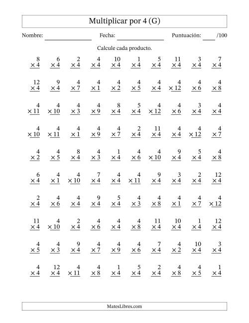 La hoja de ejercicios de Multiplicar (Factores de 1 a 12) por 4 (100 Preguntas) (G)