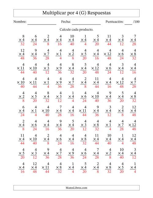 La hoja de ejercicios de Multiplicar (Factores de 1 a 12) por 4 (100 Preguntas) (G) Página 2