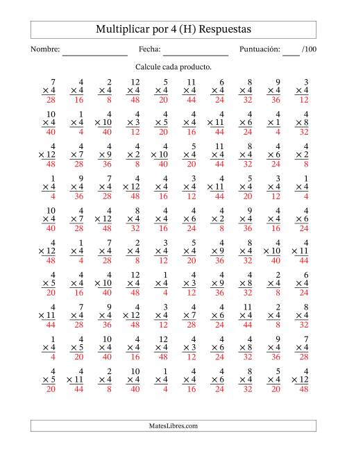 La hoja de ejercicios de Multiplicar (Factores de 1 a 12) por 4 (100 Preguntas) (H) Página 2