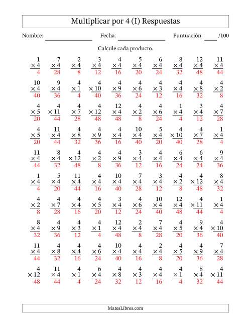 La hoja de ejercicios de Multiplicar (Factores de 1 a 12) por 4 (100 Preguntas) (I) Página 2