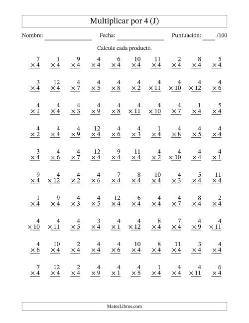 La hoja de ejercicios de Multiplicar (Factores de 1 a 12) por 4 (100 Preguntas) (J)
