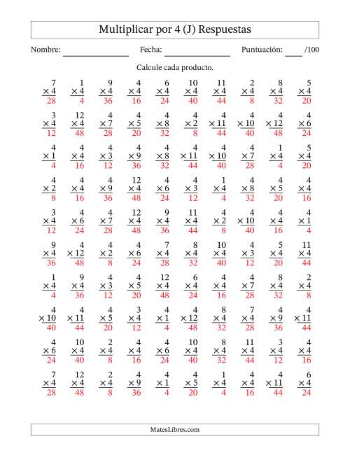 La hoja de ejercicios de Multiplicar (Factores de 1 a 12) por 4 (100 Preguntas) (J) Página 2