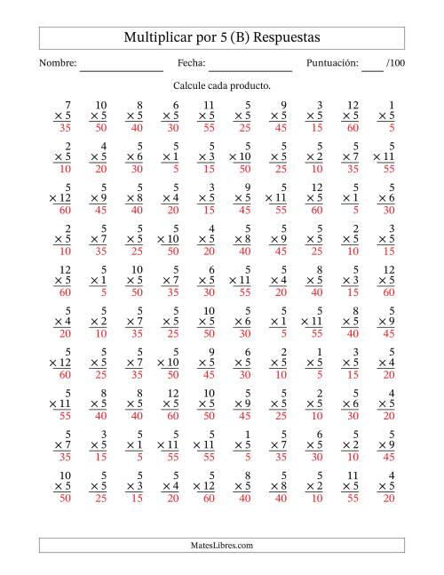 La hoja de ejercicios de Multiplicar (Factores de 1 a 12) por 5 (100 Preguntas) (B) Página 2