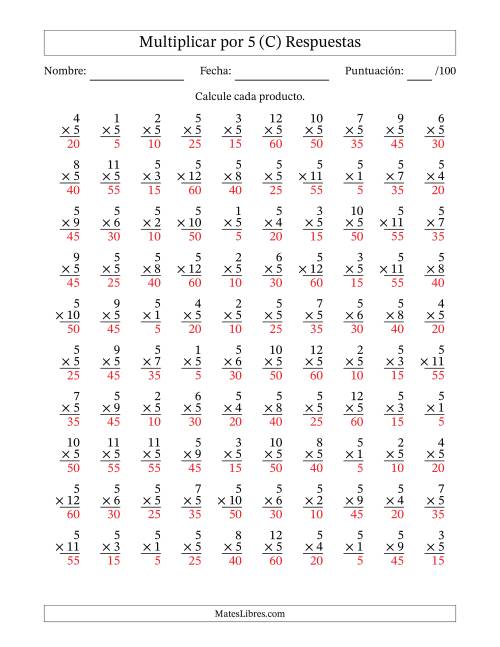La hoja de ejercicios de Multiplicar (Factores de 1 a 12) por 5 (100 Preguntas) (C) Página 2