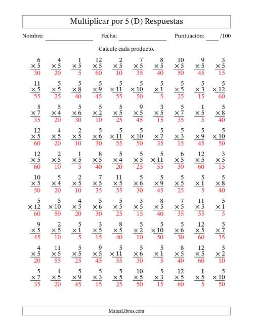 La hoja de ejercicios de Multiplicar (Factores de 1 a 12) por 5 (100 Preguntas) (D) Página 2