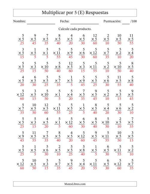 La hoja de ejercicios de Multiplicar (Factores de 1 a 12) por 5 (100 Preguntas) (E) Página 2