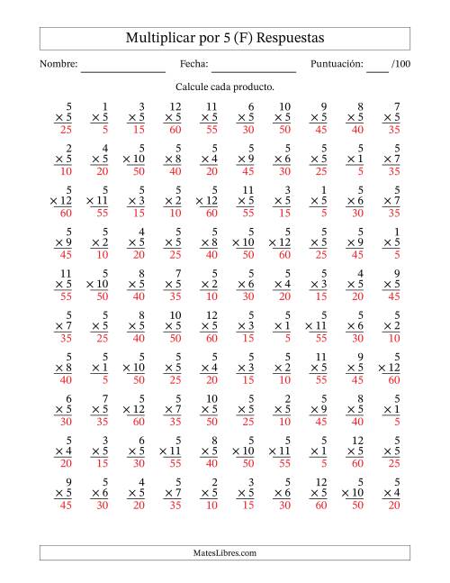 La hoja de ejercicios de Multiplicar (Factores de 1 a 12) por 5 (100 Preguntas) (F) Página 2