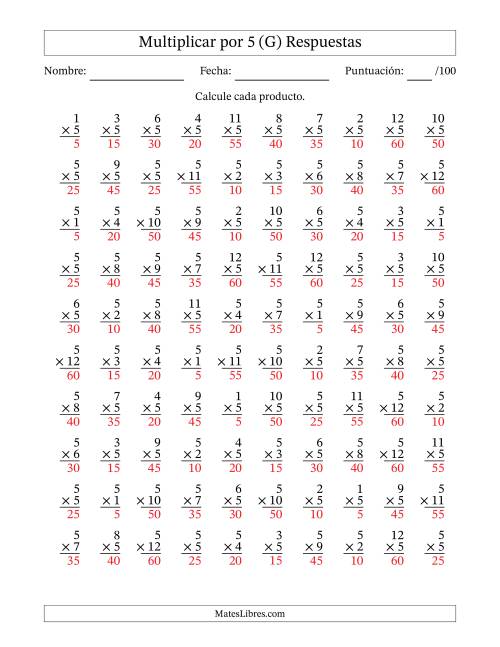 La hoja de ejercicios de Multiplicar (Factores de 1 a 12) por 5 (100 Preguntas) (G) Página 2