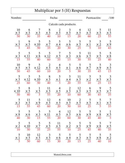 La hoja de ejercicios de Multiplicar (Factores de 1 a 12) por 5 (100 Preguntas) (H) Página 2