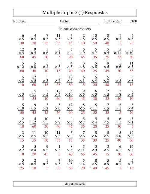 La hoja de ejercicios de Multiplicar (Factores de 1 a 12) por 5 (100 Preguntas) (I) Página 2