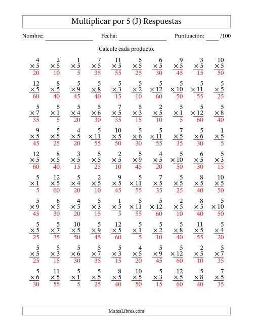 La hoja de ejercicios de Multiplicar (Factores de 1 a 12) por 5 (100 Preguntas) (J) Página 2