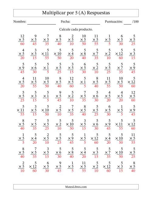 La hoja de ejercicios de Multiplicar (Factores de 1 a 12) por 5 (100 Preguntas) (Todas) Página 2
