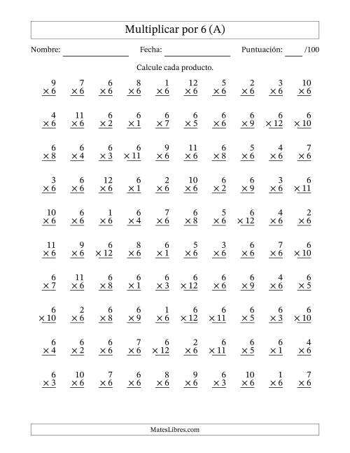 La hoja de ejercicios de Multiplicar (Factores de 1 a 12) por 6 (100 Preguntas) (A)