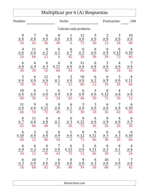 La hoja de ejercicios de Multiplicar (Factores de 1 a 12) por 6 (100 Preguntas) (A) Página 2