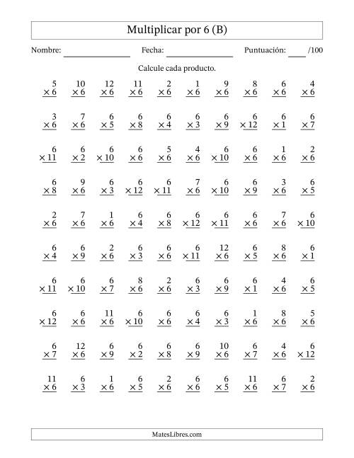 La hoja de ejercicios de Multiplicar (Factores de 1 a 12) por 6 (100 Preguntas) (B)