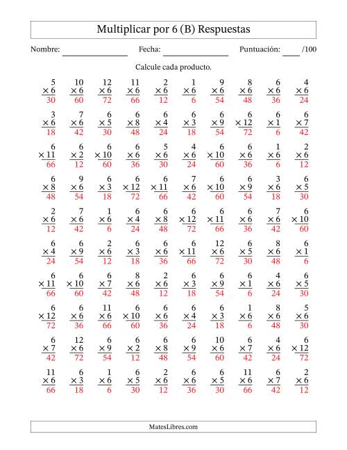 La hoja de ejercicios de Multiplicar (Factores de 1 a 12) por 6 (100 Preguntas) (B) Página 2