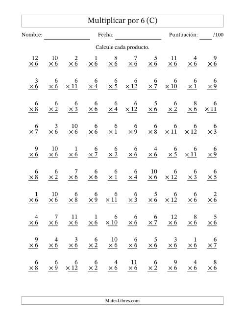La hoja de ejercicios de Multiplicar (Factores de 1 a 12) por 6 (100 Preguntas) (C)