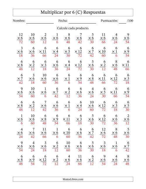 La hoja de ejercicios de Multiplicar (Factores de 1 a 12) por 6 (100 Preguntas) (C) Página 2