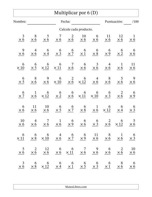 La hoja de ejercicios de Multiplicar (Factores de 1 a 12) por 6 (100 Preguntas) (D)