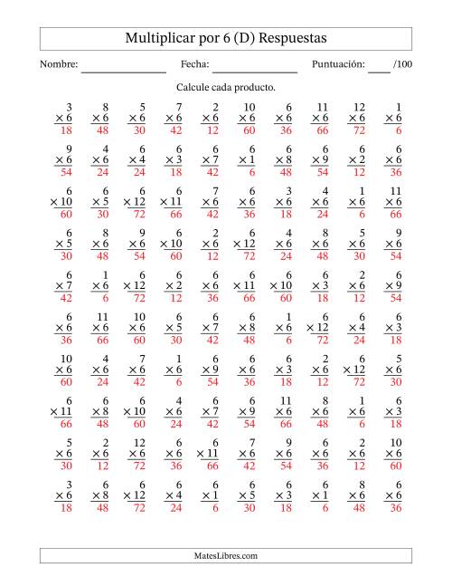 La hoja de ejercicios de Multiplicar (Factores de 1 a 12) por 6 (100 Preguntas) (D) Página 2