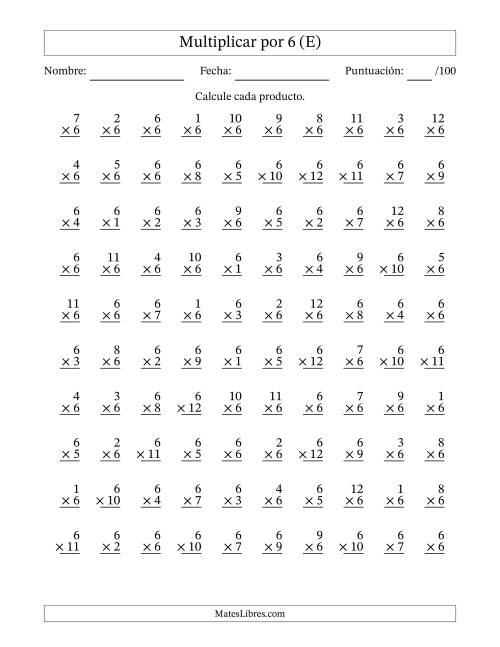 La hoja de ejercicios de Multiplicar (Factores de 1 a 12) por 6 (100 Preguntas) (E)