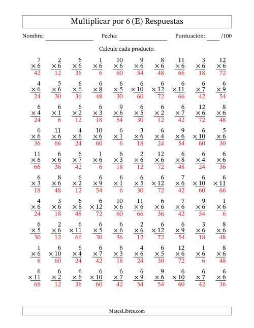 La hoja de ejercicios de Multiplicar (Factores de 1 a 12) por 6 (100 Preguntas) (E) Página 2