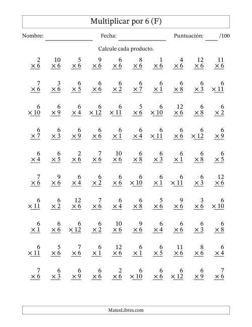 La hoja de ejercicios de Multiplicar (Factores de 1 a 12) por 6 (100 Preguntas) (F)