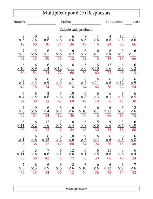 La hoja de ejercicios de Multiplicar (Factores de 1 a 12) por 6 (100 Preguntas) (F) Página 2