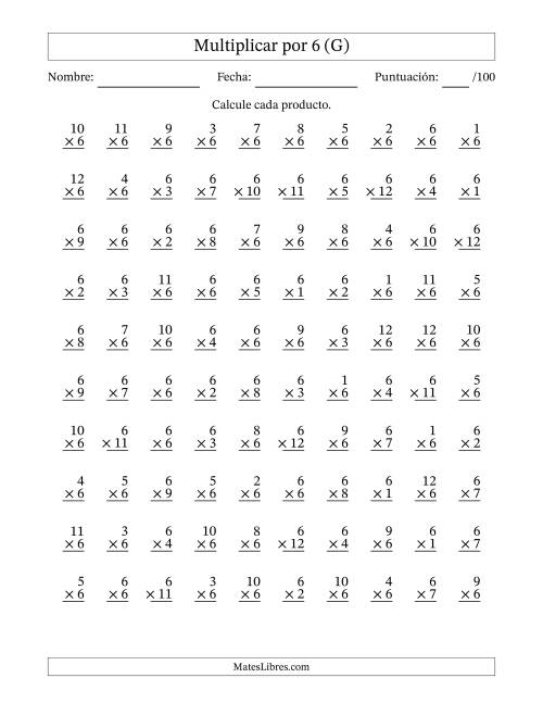 La hoja de ejercicios de Multiplicar (Factores de 1 a 12) por 6 (100 Preguntas) (G)