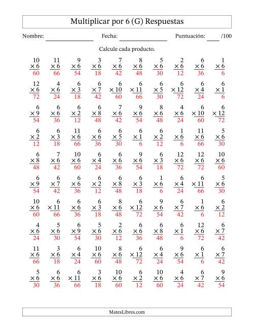 La hoja de ejercicios de Multiplicar (Factores de 1 a 12) por 6 (100 Preguntas) (G) Página 2