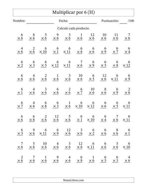La hoja de ejercicios de Multiplicar (Factores de 1 a 12) por 6 (100 Preguntas) (H)