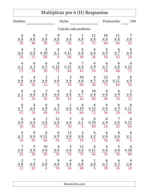 La hoja de ejercicios de Multiplicar (Factores de 1 a 12) por 6 (100 Preguntas) (H) Página 2