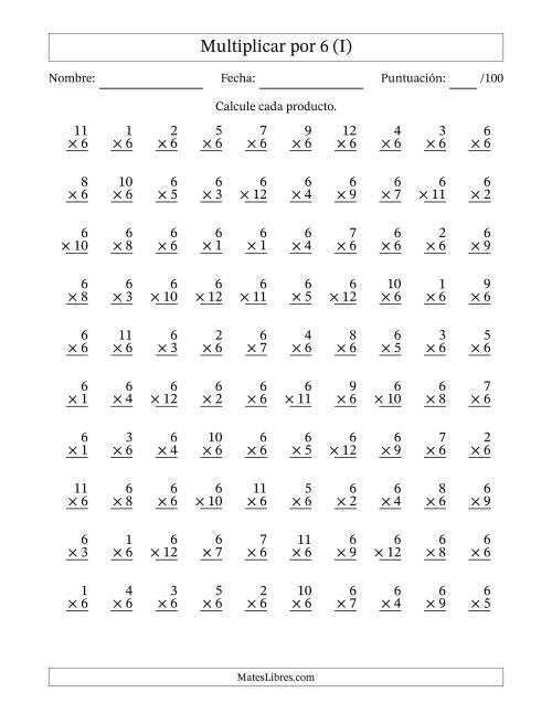 La hoja de ejercicios de Multiplicar (Factores de 1 a 12) por 6 (100 Preguntas) (I)