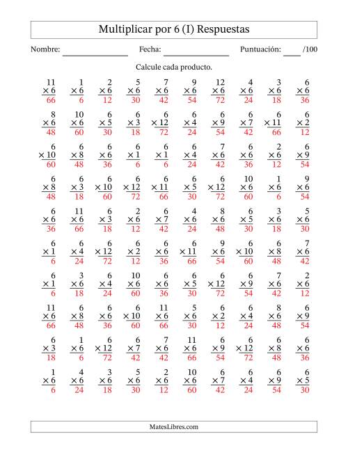 La hoja de ejercicios de Multiplicar (Factores de 1 a 12) por 6 (100 Preguntas) (I) Página 2