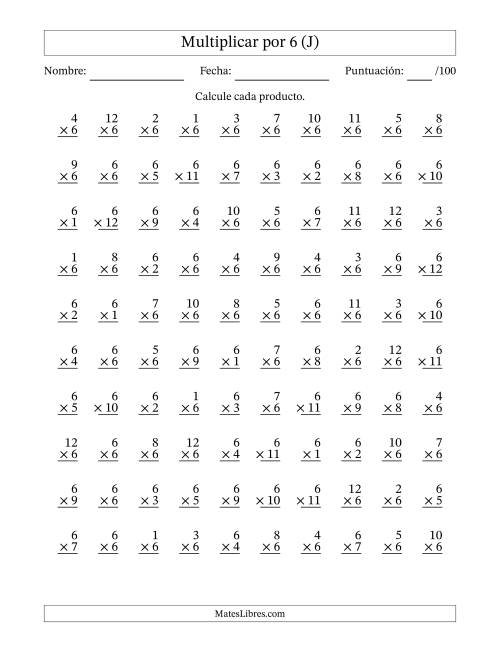 La hoja de ejercicios de Multiplicar (Factores de 1 a 12) por 6 (100 Preguntas) (J)