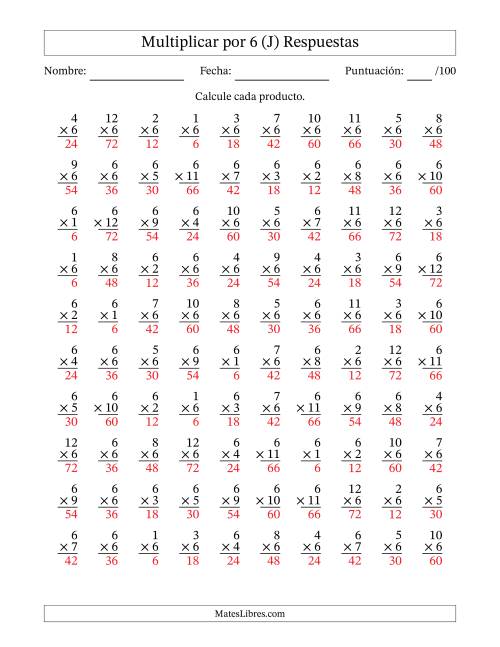 La hoja de ejercicios de Multiplicar (Factores de 1 a 12) por 6 (100 Preguntas) (J) Página 2