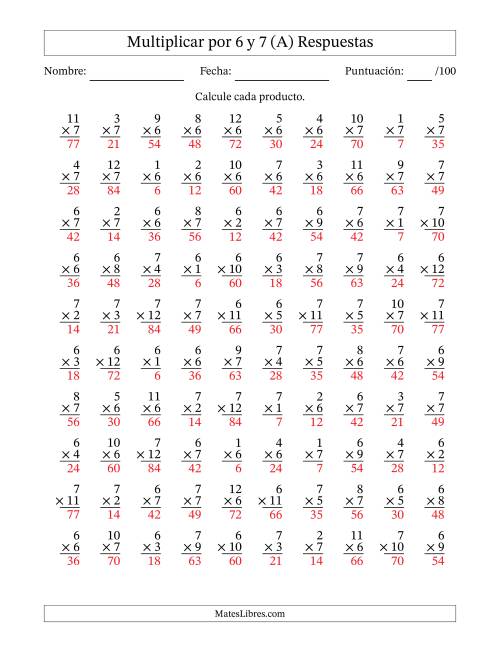 La hoja de ejercicios de Multiplicar (Factores de 1 a 12) por 6 y 7 (100 Preguntas) (A) Página 2