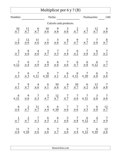 La hoja de ejercicios de Multiplicar (Factores de 1 a 12) por 6 y 7 (100 Preguntas) (B)