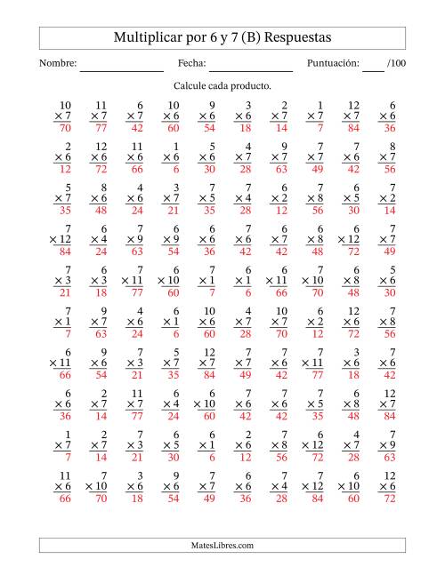 La hoja de ejercicios de Multiplicar (Factores de 1 a 12) por 6 y 7 (100 Preguntas) (B) Página 2