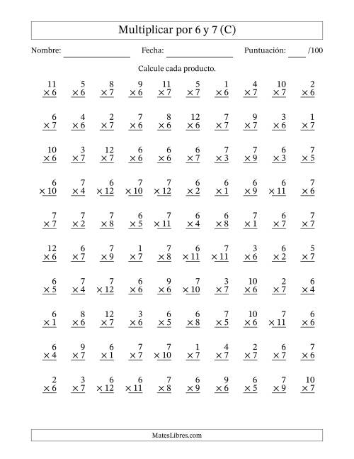 La hoja de ejercicios de Multiplicar (Factores de 1 a 12) por 6 y 7 (100 Preguntas) (C)
