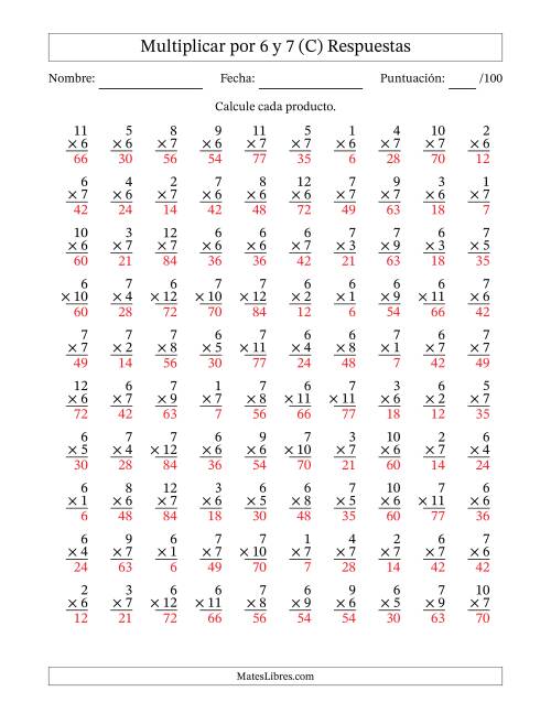 La hoja de ejercicios de Multiplicar (Factores de 1 a 12) por 6 y 7 (100 Preguntas) (C) Página 2
