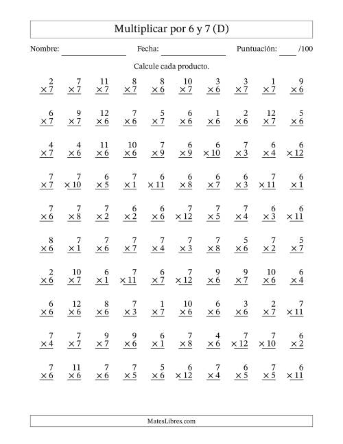 La hoja de ejercicios de Multiplicar (Factores de 1 a 12) por 6 y 7 (100 Preguntas) (D)