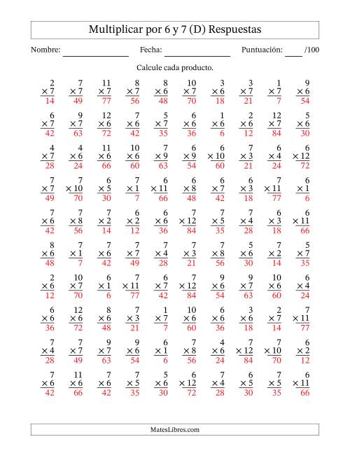 La hoja de ejercicios de Multiplicar (Factores de 1 a 12) por 6 y 7 (100 Preguntas) (D) Página 2