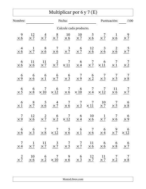 La hoja de ejercicios de Multiplicar (Factores de 1 a 12) por 6 y 7 (100 Preguntas) (E)