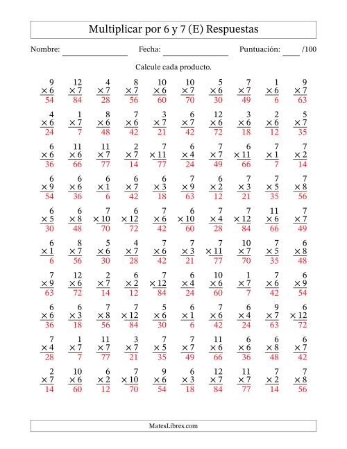 La hoja de ejercicios de Multiplicar (Factores de 1 a 12) por 6 y 7 (100 Preguntas) (E) Página 2