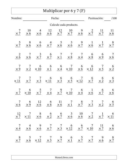 La hoja de ejercicios de Multiplicar (Factores de 1 a 12) por 6 y 7 (100 Preguntas) (F)