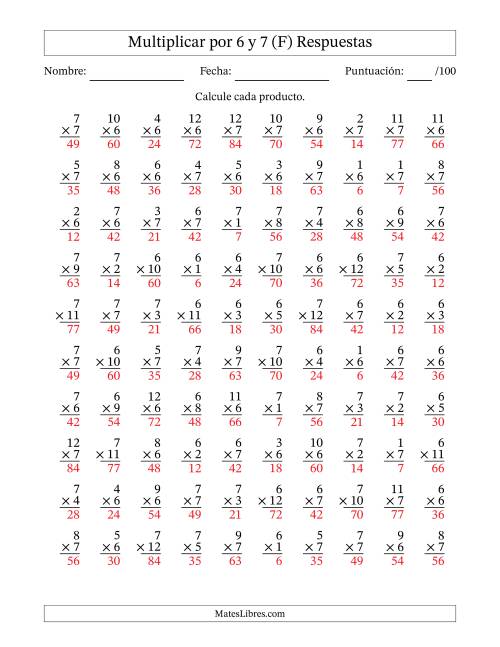La hoja de ejercicios de Multiplicar (Factores de 1 a 12) por 6 y 7 (100 Preguntas) (F) Página 2